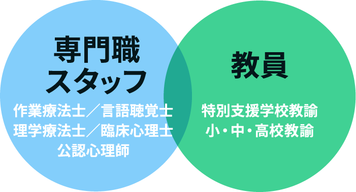 専門職スタッフは作業療法士、言語聴覚士、理学療法士、公認心理師、臨床心理士。教員は特別支援学校教諭、小・中・高校教諭。